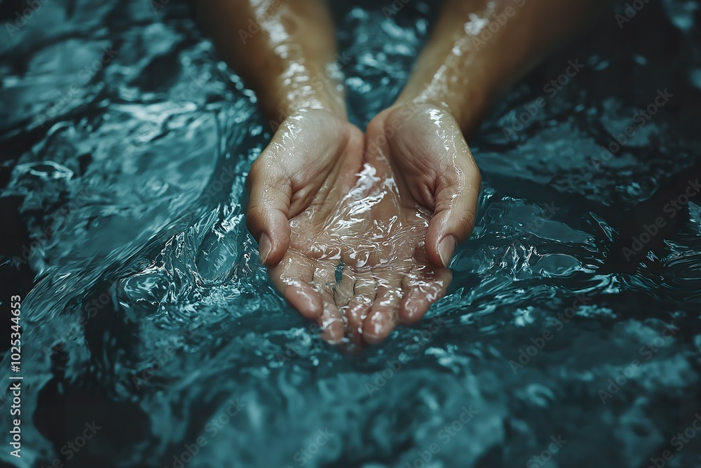 Fototapeta premium Hands cupping water in a tranquil, reflective setting during a serene moment