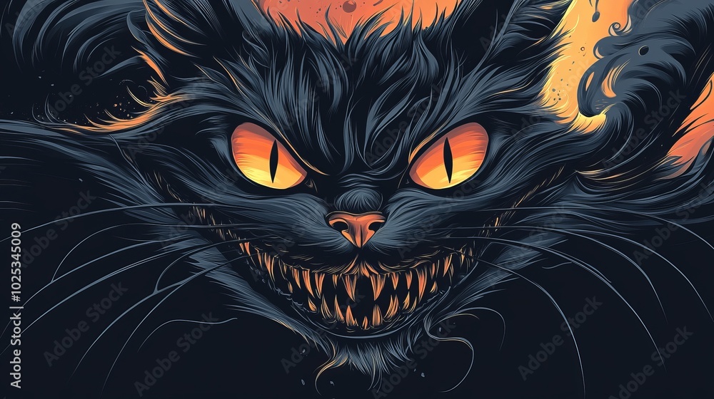 A Cheshire cat's face appears amidst dark, eerie shadows, with its wide grin glowing through the darkness. A Cheshire cat's face appears amidst dark, eerie shadows, with its wide grin glowing through the darkness.