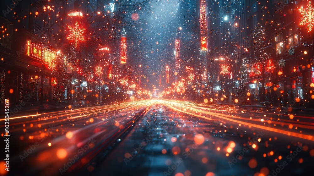 A vibrant city street adorned with winter decorations, illuminated by soft glowing lights amidst a gentle snowfall, creating a magical ambiance. A vibrant city street adorned with winter decorations, illuminated by soft glowing lights amidst a gentle snowfall, creating a magical ambiance.