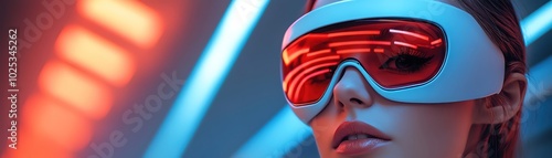 Futuristic woman in sleek white visor and oversized sunglasses, standing in a scifiinspired environment photo