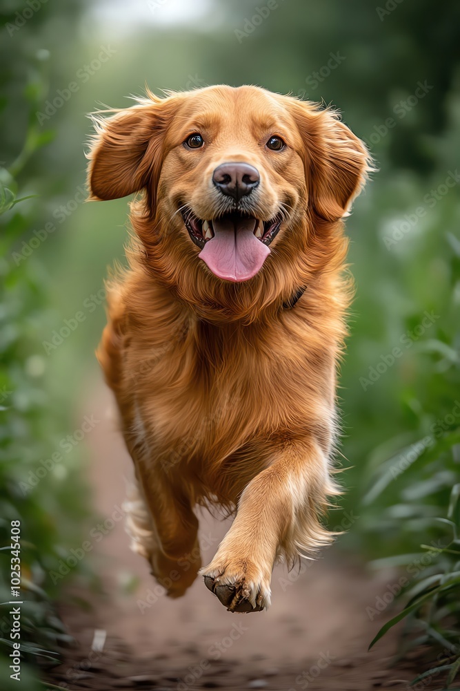 Fototapeta premium Happy golden retriever running towards the camera, tongue out, in a green park