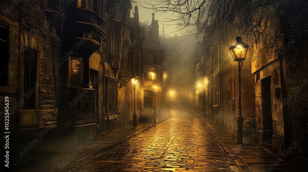 A misty, cobblestone street in a historic European city. The warm glow of lampposts illuminates the ancient buildings, casting long shadows. A misty, cobblestone street in a historic European city. The warm glow of lampposts illuminates the ancient buildings, casting long shadows.