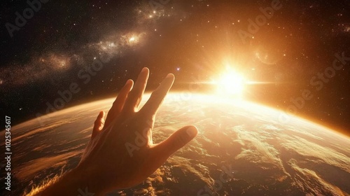 A hand reaches out towards the sun, with the Earth in the foreground, and a galaxy of stars in the distance. A hopeful and spiritual image.