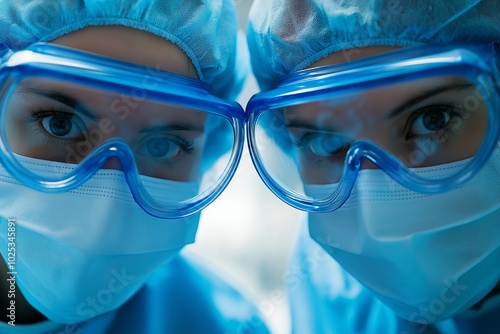 Two dental professionals wearing blue surgical scrubs and protective eyewear, focused on a patient in a bright, modern clinic photo