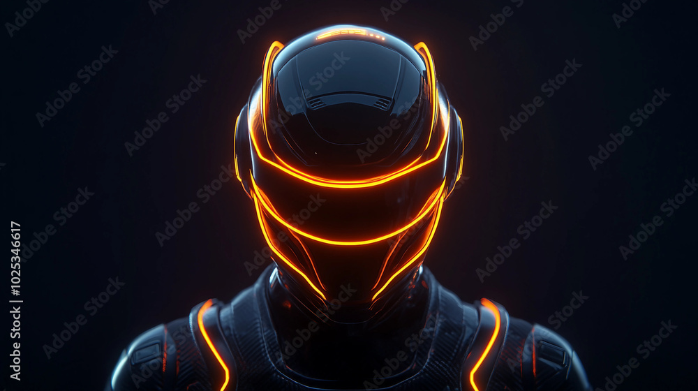 Futuristic figure in a dark suit with glowing orange neon lines on the helmet, standing in a dark background Futuristic figure in a dark suit with glowing orange neon lines on the helmet, standing in a dark background