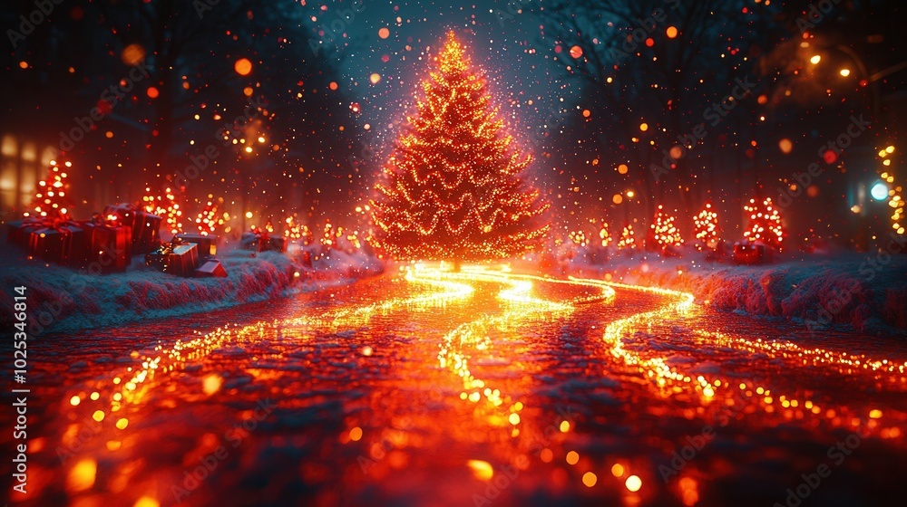 A festive scene showcasing a glowing Christmas tree surrounded by sparkling lights and gifts, perfect for holiday celebrations. A festive scene showcasing a glowing Christmas tree surrounded by sparkling lights and gifts, perfect for holiday celebrations.