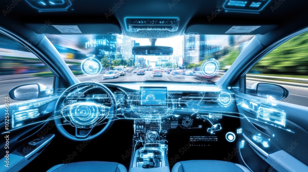 Autonomous Car Interior with Futuristic Interface and City Skyline View Autonomous Car Interior with Futuristic Interface and City Skyline View