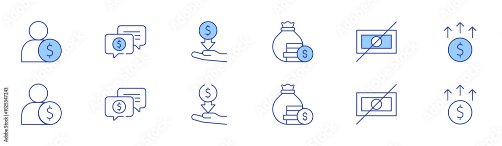 Money icon set in two styles, Duotone and Thin Line style. Editable stroke. expense, monitor, no, increase, employee, support Money icon set in two styles, Duotone and Thin Line style. Editable stroke. expense, monitor, no, increase, employee, support