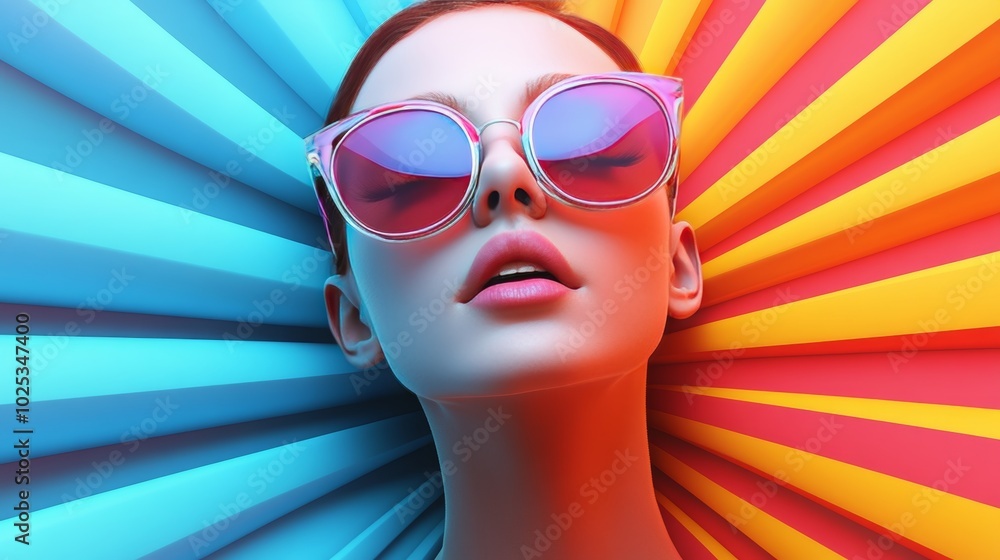 A woman wearing sunglasses is lying on a colorful background A woman wearing sunglasses is lying on a colorful background