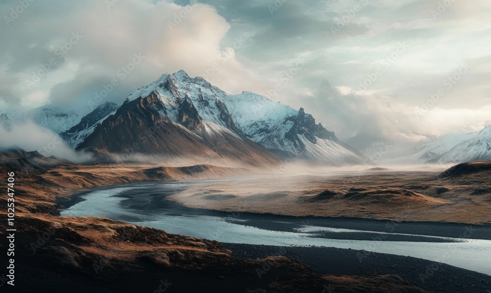 Mountains in Iceland with a glacial river on a cloudy day at sunset Mountains in Iceland with a glacial river on a cloudy day at sunset