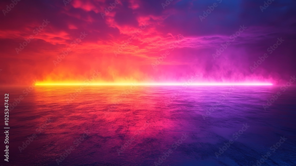 A colorful ocean with a rainbow line in the water