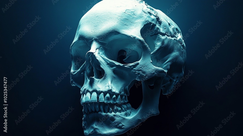 A skull is shown in a blue background A skull is shown in a blue background