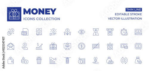 Money icons collection. Thin Line icons, editable stroke. money, magnet, money waste, increase, business, money loss, earnings, stock, startup, investment, money laundering