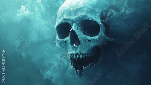 A skull with a mouth open and teeth showing, with a blue background