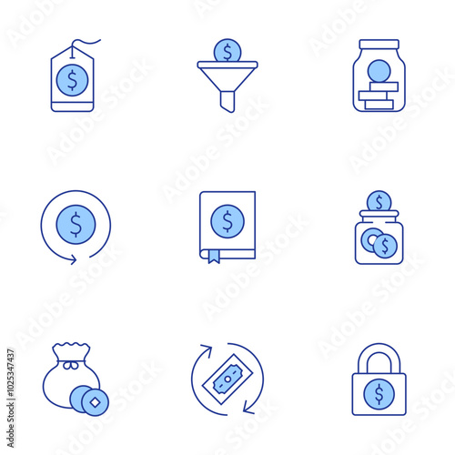 Money icons set. Line Duotone style, editable stroke. business, money, sales funnel, savings, jar, lock, price tag, return of investment, money bag