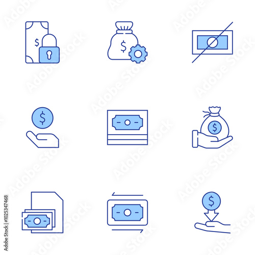 Money icons set. Line Duotone style, editable stroke. money, debt, money transfer, expense, salary, no