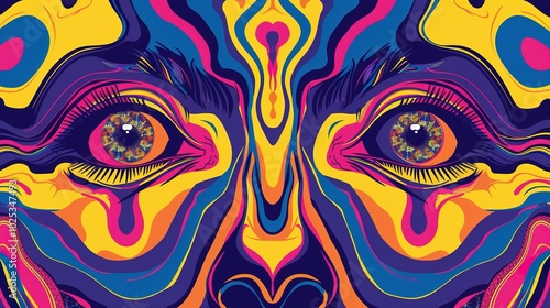 Psychedelic Abstract Portrait with Wavy Lines and Eyes