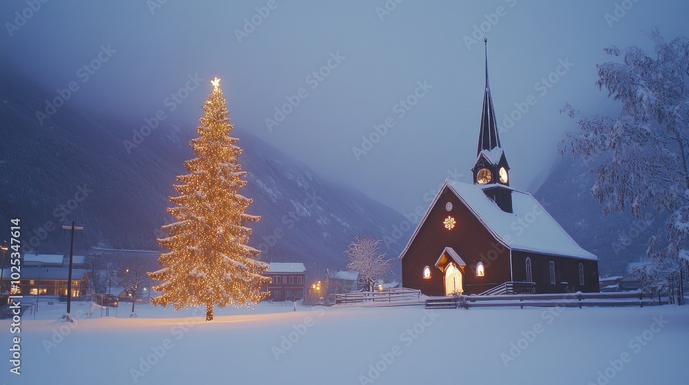 Illuminated Christmas Tree and Snowy Church in a Wintery Landscape Illuminated Christmas Tree and Snowy Church in a Wintery Landscape