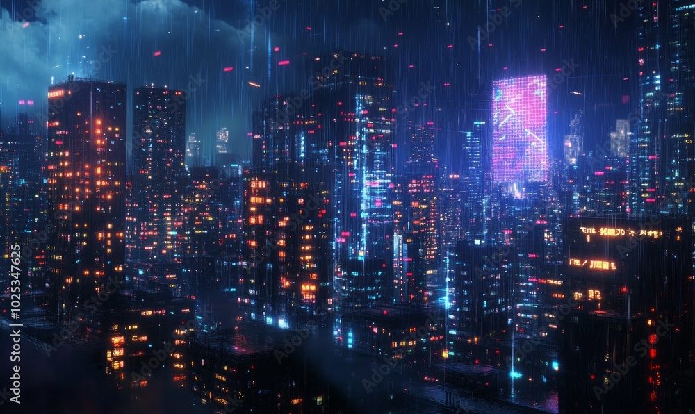 Night city panorama with network hologram Night city panorama with network hologram