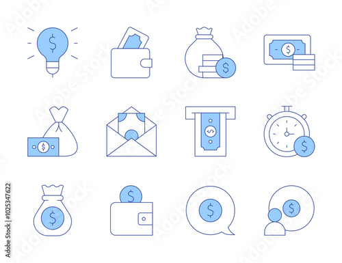 Money icons. Line Duotone style, editable stroke. money, earnings, wallet, money bag, light bulb, countdown, money talk, taking cash, monitor