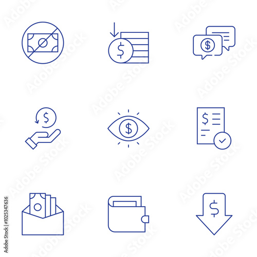 Money icons set. Thin Line style, editable stroke. no money, support, cashback, bank check, bribe, low price, money, eye, wallet