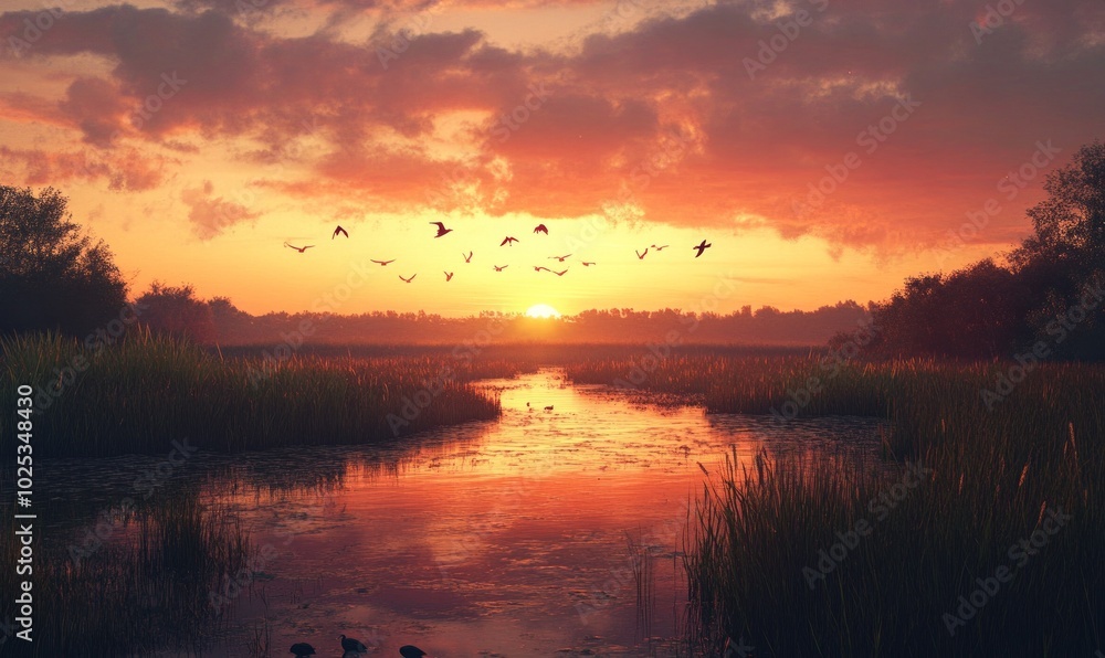 A sunset over a lake with a flock of birds flying in the sky A sunset over a lake with a flock of birds flying in the sky
