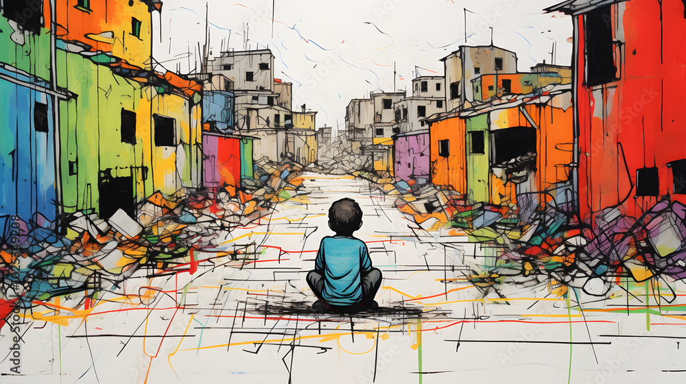 Fototapeta premium Child resilience amid war-torn ruins