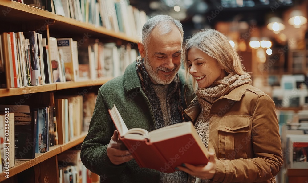 Middle-aged couple exploring shelves in a charming bookstore, enjoying books together in an inviting, warm atmosphere during daylight Middle-aged couple exploring shelves in a charming bookstore, enjoying books together in an inviting, warm atmosphere during daylight