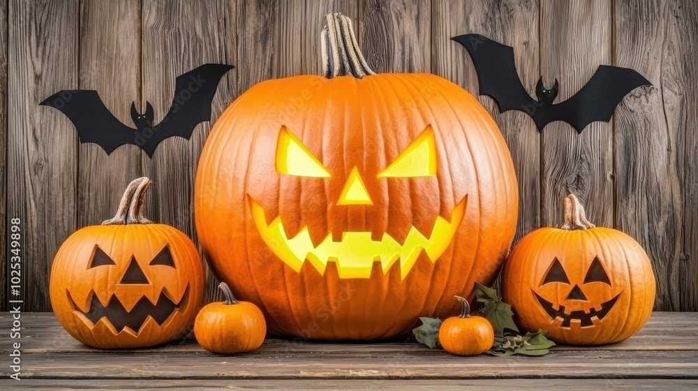 Spooky Halloween Pumpkins Display with Wooden Background Spooky Halloween Pumpkins Display with Wooden Background