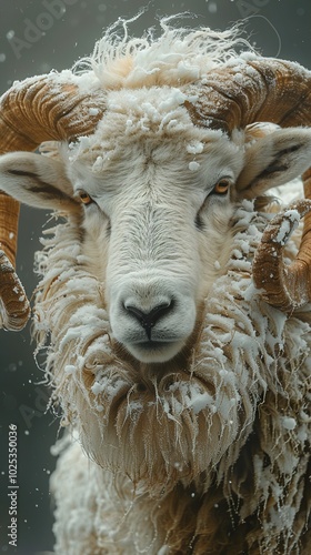 Close-Up Portrait of a Sheep Covered in Snow
