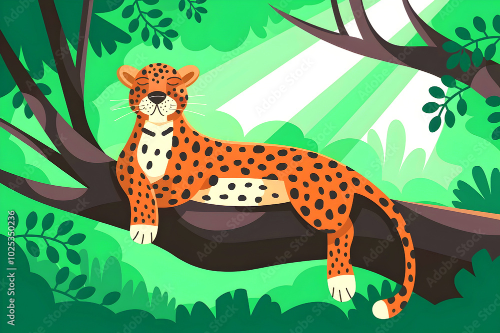 Fototapeta premium A calm leopard rests on a tree limb in a verdant woodland.