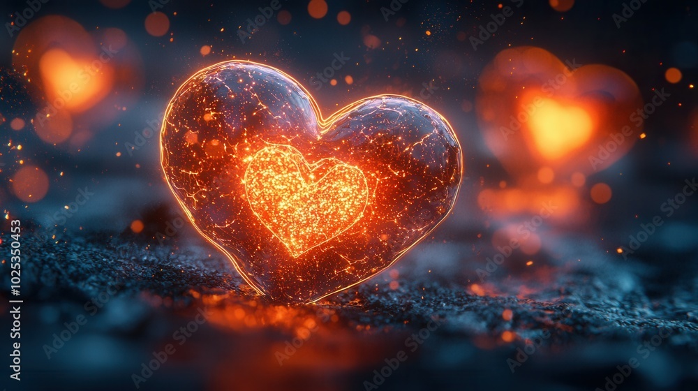 A vibrant glowing heart made of sparks and light set against a dark background, symbolizing love and passion in an artistic way. A vibrant glowing heart made of sparks and light set against a dark background, symbolizing love and passion in an artistic way.