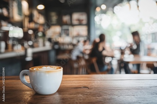 Blurred coffee shop interior with people dining, featuring a wooden counter in the foreground, perfect for product display layouts, showcasing a warm and inviting atmosphere.