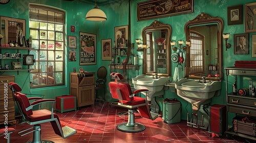 A Vintage Barbershop Interior with Red Barber Chairs and Sinks
