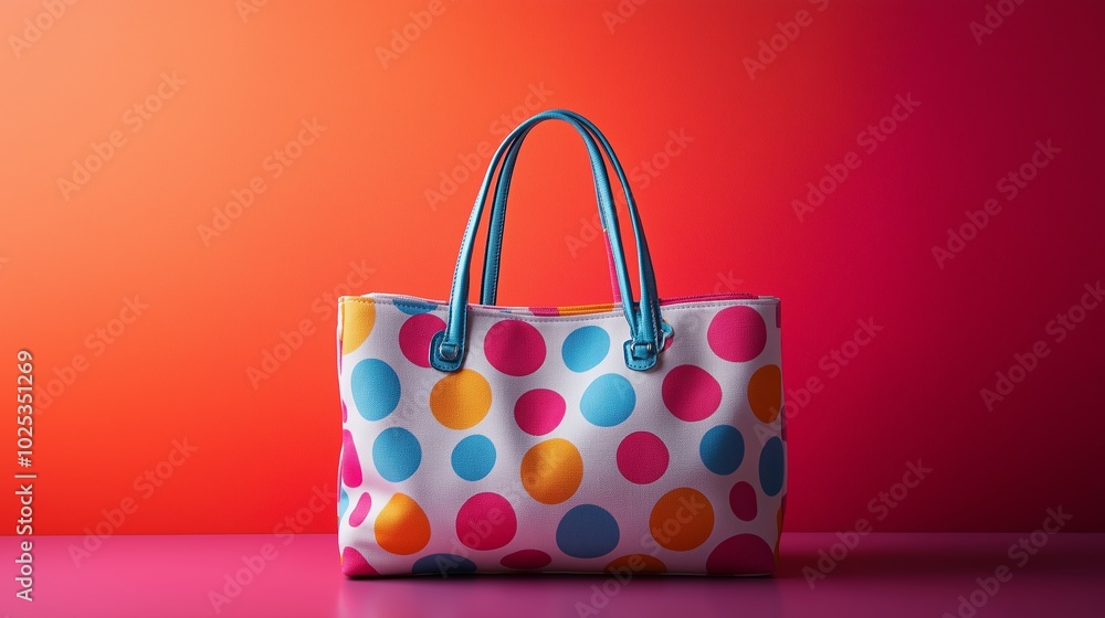 A playful polka-dot handbag in bright colors, featuring a unique design, displayed against a gradient background