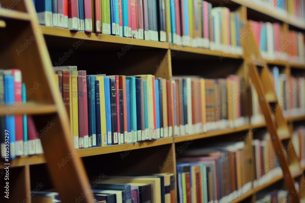 Close-up of colorful books on a library wall with shelves and ladders in the foreground, tranquil atmosphere Close-up of colorful books on a library wall with shelves and ladders in the foreground, tranquil atmosphere