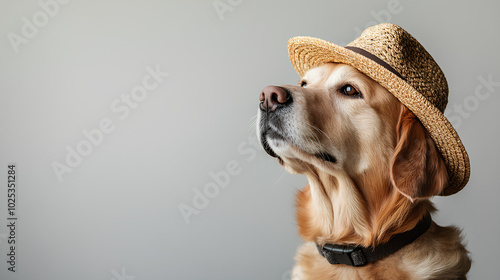 A dog in a hat looks up at a light background
