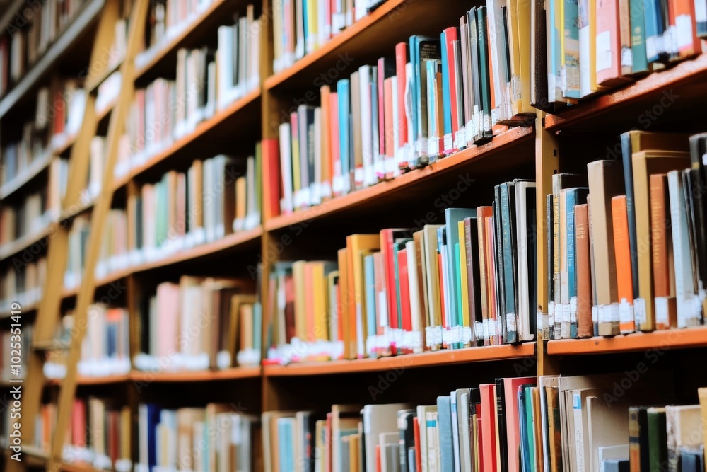 Close-up of colorful books on a library wall with shelves and ladders in the foreground, tranquil atmosphere