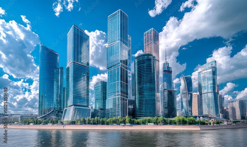 Fototapeta premium Low angle view of skyscrapers, in river