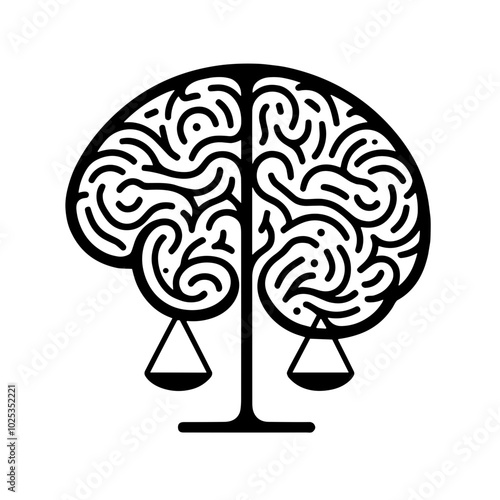 Brain with harmony scale, symbol of balance and knowledge, life balance, black and white, transparent background