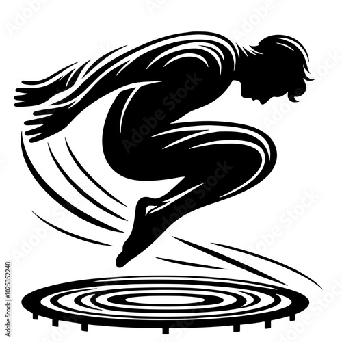 Silhouette of a trampoline jumper in mid-air, black and white, transparent background