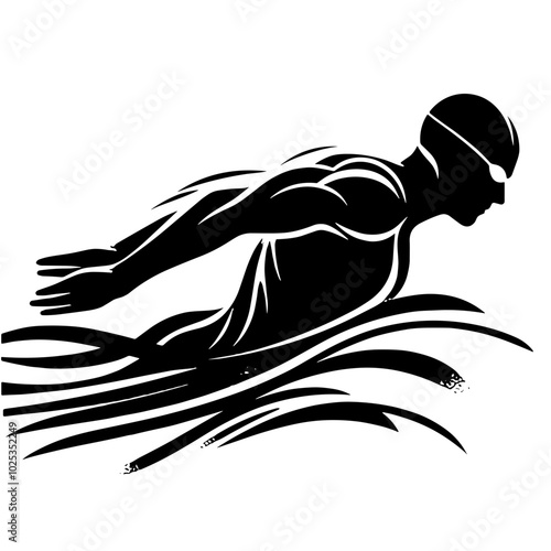 Silhouette of a swimmer in action, black and white,  transparent background