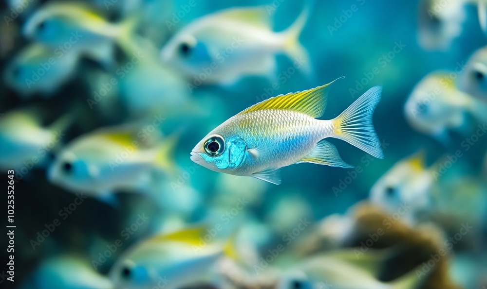 Philippines chromis (Chromis scotochiloptera) shoal swimming in water column above hard cora