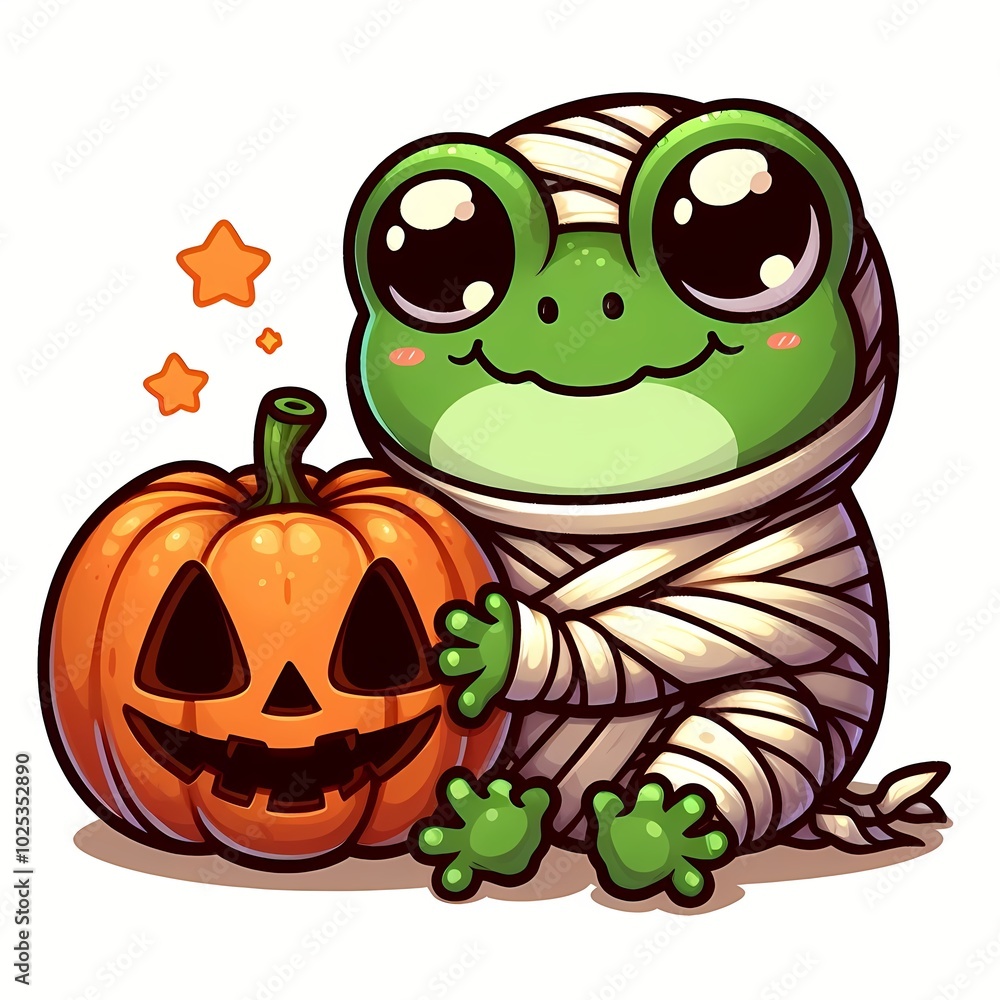 Cute Frog Mummy with Pumpkin Halloween Cartoon Vector Icon Illustration Cute Frog Mummy with Pumpkin Halloween Cartoon Vector Icon Illustration