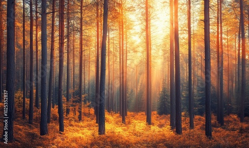 Photo of tall pine trees in a forest with sunlight filtering through, highlighting the autumn colors of orange and brown, providing a serene and peaceful atmosphere