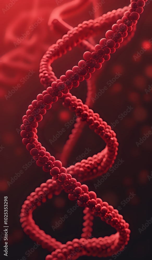 Holographic rendering of a DNA chromosomes representing digital, high-tech advances in medicine and human health in red tones. Holographic rendering of a DNA chromosomes representing digital, high-tech advances in medicine and human health in red tones.