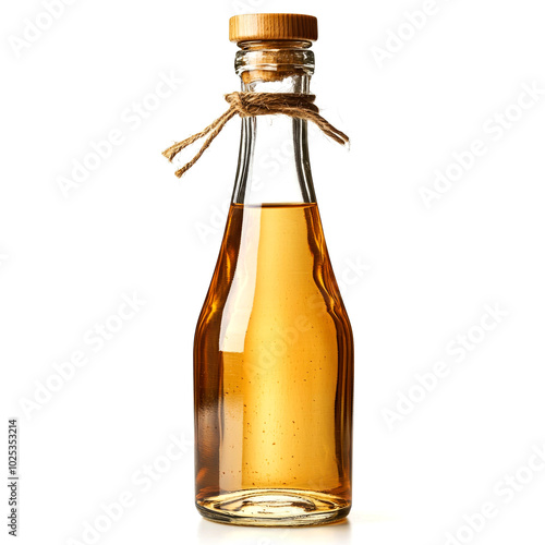 A small glass bottle with a wooden cork and twine, filled with a golden liquid.