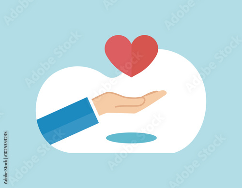 スーツの男性の手のひらにハートを乗せたフラットなベクターイラスト画像