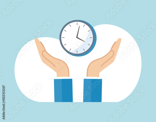 スーツの男性の両手のひらに時計を乗せたフラットなベクターイラスト画像
