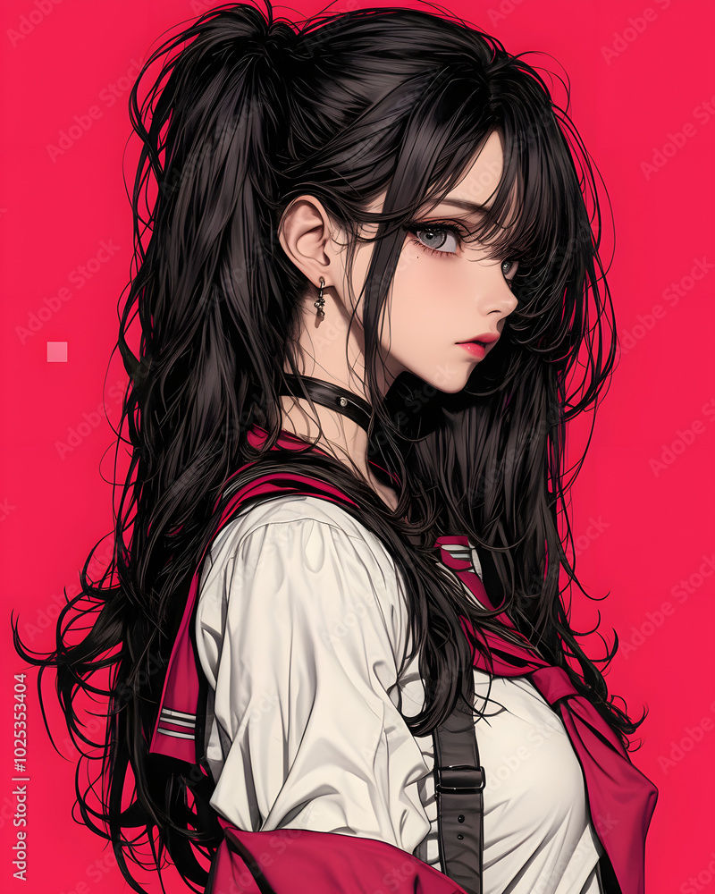 Anime Girl Portrait with Long Black Hair in School Uniform Anime Girl Portrait with Long Black Hair in School Uniform